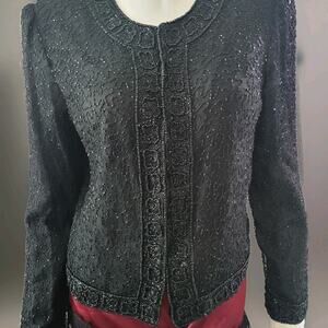 Lawrence Kazar Black Beaded 100 % Silk Womens Formal Blazer Jacket Size M